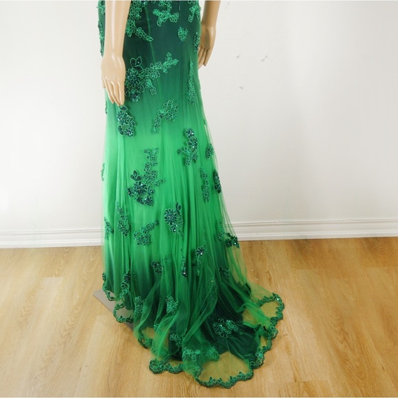 Vintage Y2k Strapless Floral Emroirdered Lace Mesh Maxi Long Train Green Dress - Picture 3 of 5